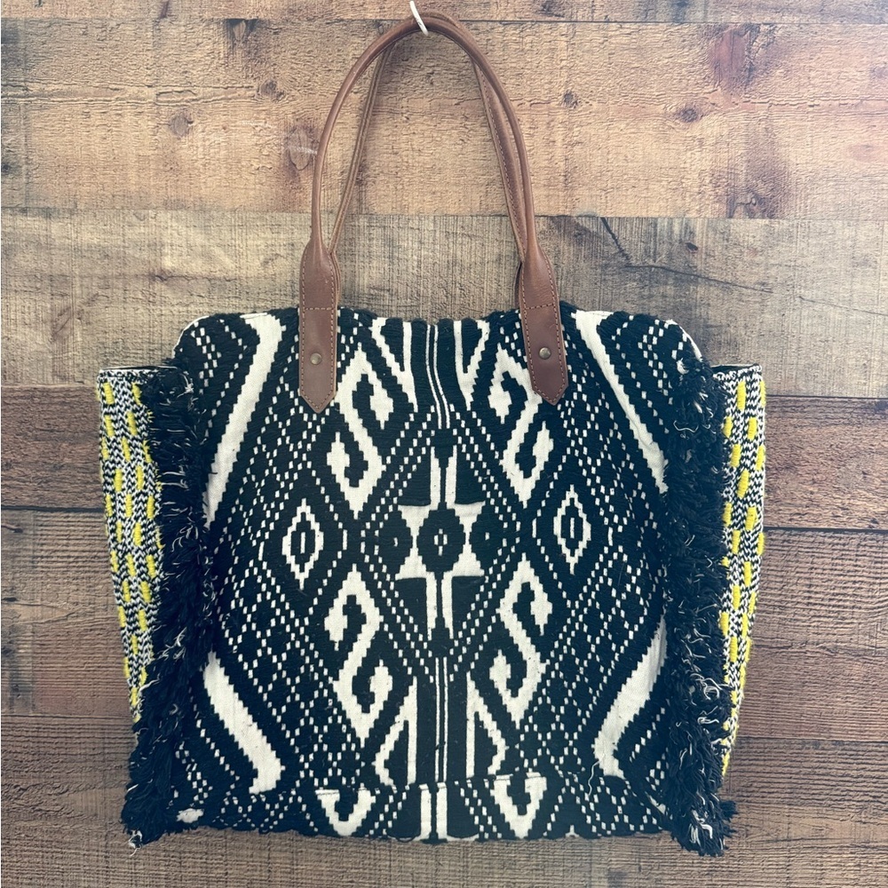 Anthropologie Jasper & Jeera Boho Leather & Woven Black & White Pattern Tote Bag